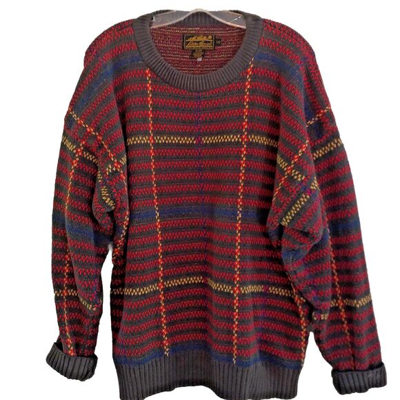 Eddie Bauer Chunky Knit Sweater Men's Sz L VTG 90s Colorful Plaid Textured Knit - Picture 1 of 11